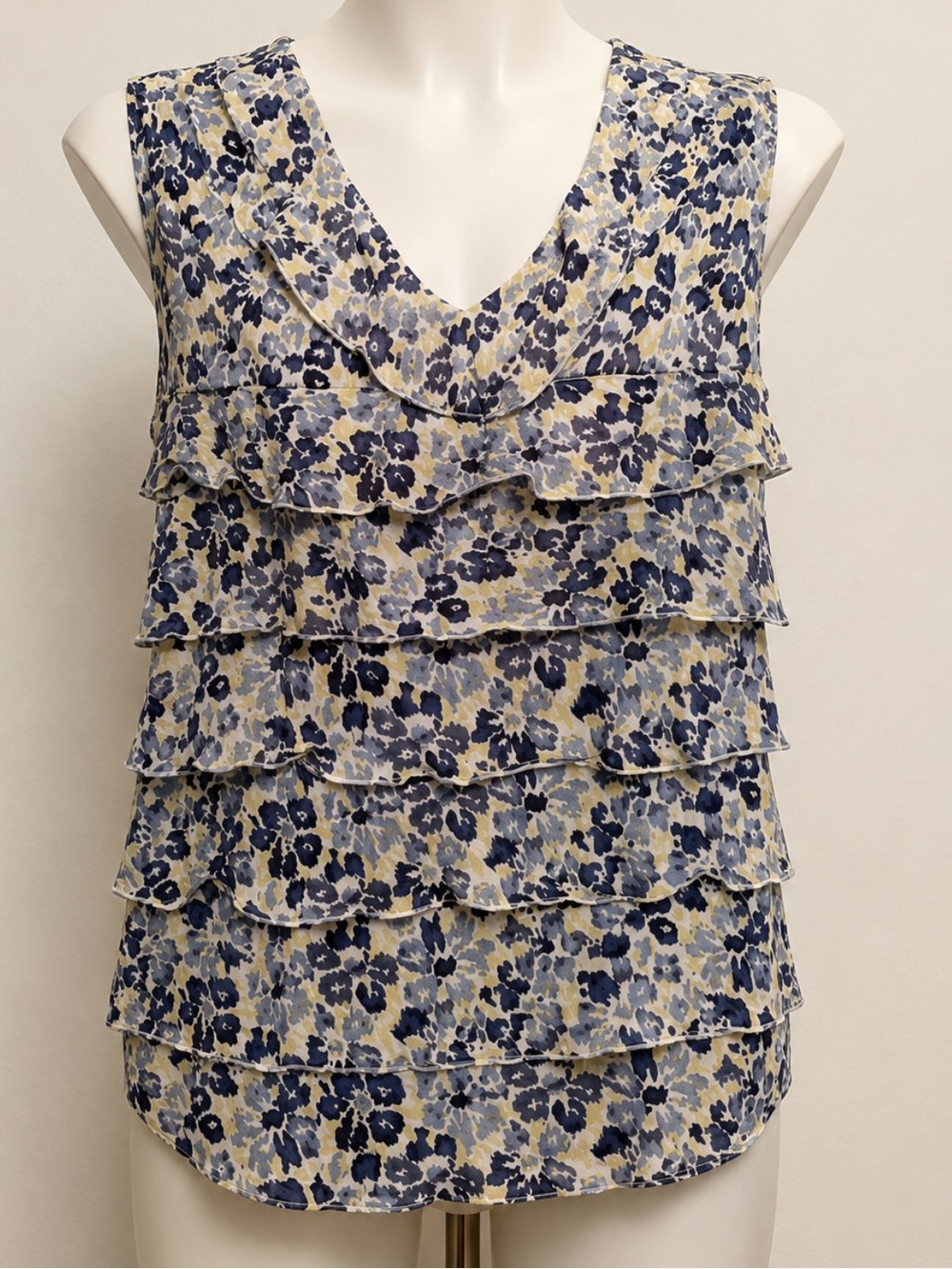 Loft Blue Floral Ruffled  Sleeveless Top Size S